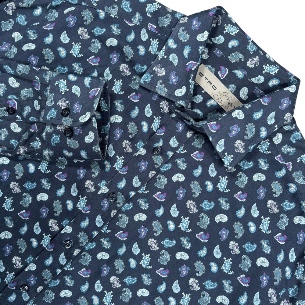 ETRO Paisley Button Up Shirt Mens M 41 Blue All Over Print Long Sleeve Italy
